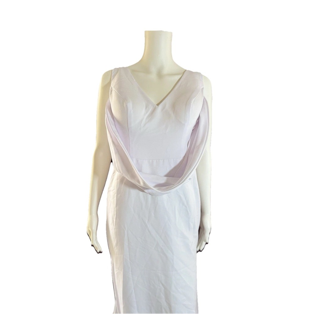 White Chiffon Formal Gown V Neck‎ Button Back Train Maxi Dress Size 14 Wedding